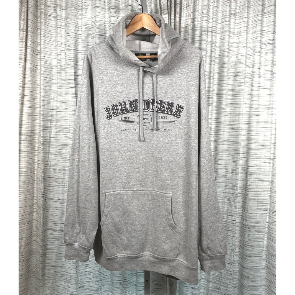 John Deere Hoodie Gray Mens 2XLT Graphic Fleece Sweatshirt EUC